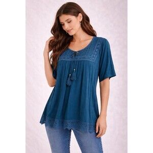 Boho Lace Blouse Womens XL Blue Crochet Tassel Flowy Peasant Top